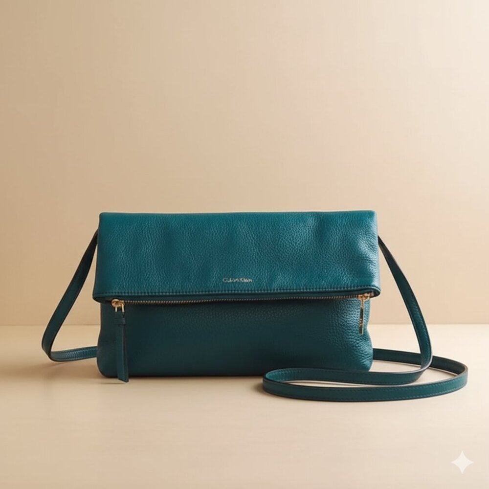 Calvin Klein Teal Leather Crossbody Flap-Over Bag